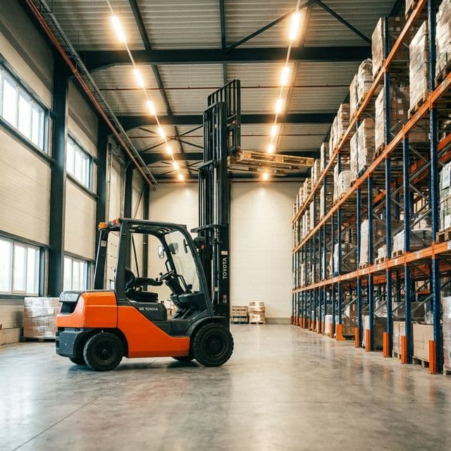 Modern warehouse with forklift